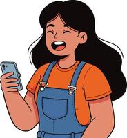 Laughing girl holding smartphone wearing orange shirt and denim overalls illustration vector