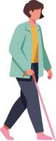 Blind woman walking with white cane using mobility aid for visually impaired people illustration vector