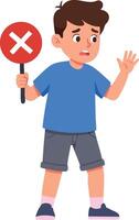 Boy holding red cross sign rejecting or disapproving gesture with worried face expression in blue t-shirt and gray shorts vector