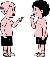 Two children arguing and pointing fingers in a simple style with black shorts and pink shirts vector