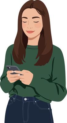 Young woman in green sweater using smartphone with relaxed expression casual lifestyle illustration