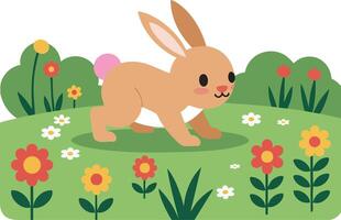 Cute brown rabbit walking on green grassy field with colorful flowers in spring illustration vector