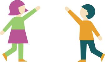 Two children playing happy colorful illustration with girl and boy in casual clothes waving hands and walking vector