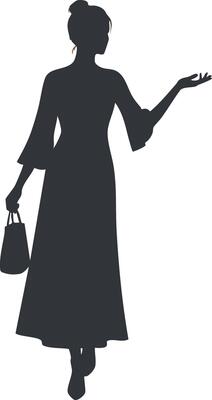 Woman silhouette standing with handbag and raised hand in long dress illustration