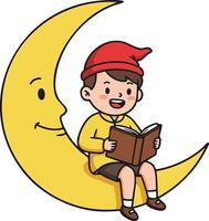 Boy sitting on crescent moon reading book with red hat and yellow sweater illustration vector