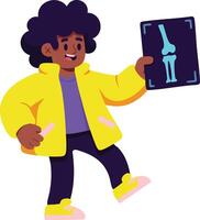 Child holding knee joint x-ray image showing bones and anatomy in yellow jacket illustration vector