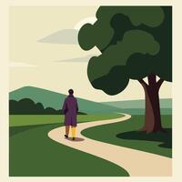 Person walking on winding path in countryside with large tree and distant hills illustration vector