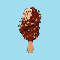 Delicious chocobar ice cream illustration with chocolate coating and wooden stick, isolated cartoon style dessert graphic for summer treats vector
