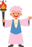 Child holding burning torch wearing pink and blue robe with cross necklace illustration cartoon character happy expression vector