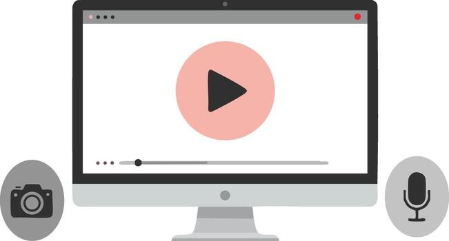 computadora monitor con jugar botón y cámara micrófono íconos digital comunicación tecnología concepto ilustración vector