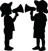 Silhouette of two children playing with megaphones facing each other in simple black design vector