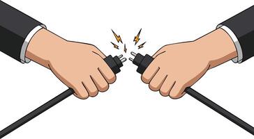 Hands Disconnecting Two Electric Cables with Sparks Symbolizing Power Cut or Connection Issue in Design vector