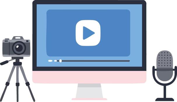 content creation setup with camera microphone and monitor for streaming and recording vector