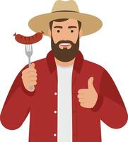Man with beard wearing hat holding sausage on fork and giving thumbs up sign in red shirt illustration vector