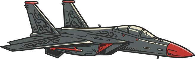 Military fighter jet with red nose and detailed wing design in side view for aviation illustration vector