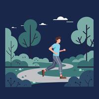 Man jogging on forest trail with green trees and evening blue sky scenic outdoor exercise activity vector