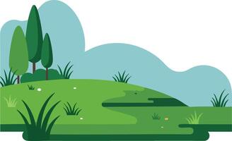 Green meadow landscape with trees grass and blue sky natural outdoor scenery illustration vector