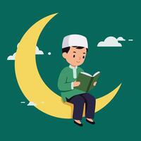 Muslim boy reading book sitting on crescent moon illustration with green background and clouds graphic vector