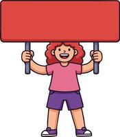 Child holding blank red sign board for protest or message space with happy expression illustration vector