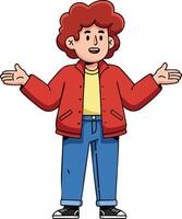 Boy with red hair wearing red jacket blue jeans and black sneakers standing with open arms illustration vector