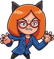 Angry woman with cat ears and red glasses showing claws in fierce cartoon style illustration vector