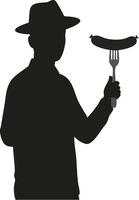 Silhouette of man wearing hat holding sausage on fork illustration black and white minimal design vector