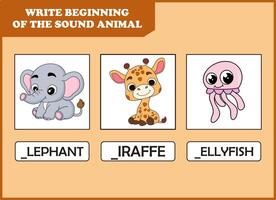 write the beginning of sound animal.giraffe, elephant, jellyfish vector