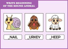 write the beginning of sound animal. cute turkey , snail, sheep vector