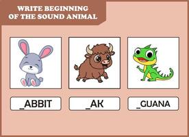write the beginning of sound animal. cute rabbit, yak, iguana vector
