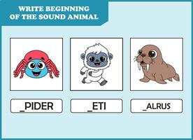 write the beginning of sound animal. spider, yeti , walrus vector