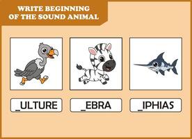 write the beginning of sound animal. vulture, zebra, vector