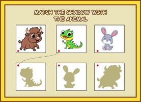 match the shadow with the animal kids worksheet. yak, iguana, rabbit vector