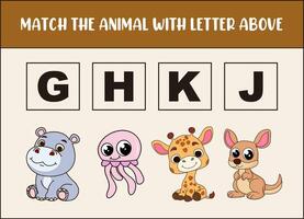 match cute hippo, jellyfish, giraffe, kangaroo with the letter . vector