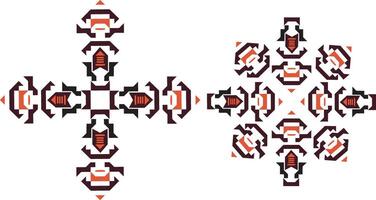 A cross shaped geometric ornament in ethnic style, rendered in symmetrical red and black shapes. vector