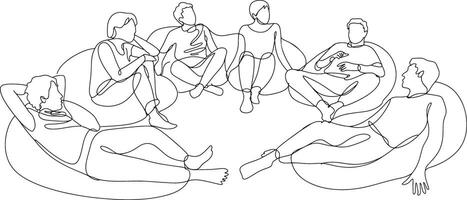 Continuous Line Art Depicting a Group of People Relaxing Together in Beanbag Chairs in a Minimalist Style vector