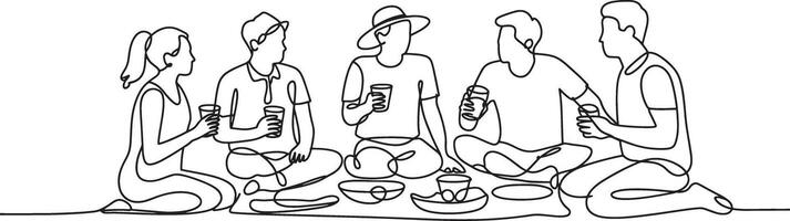 Minimalist Line Art of People Enjoying an Outdoor Picnic Together vector