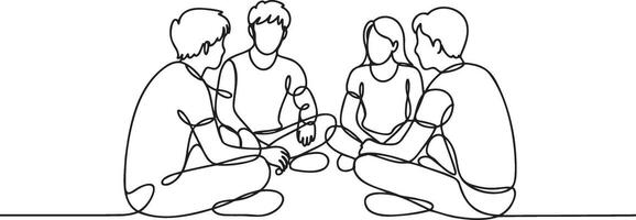 Continuous Line Drawing of Four People Sitting in Circle, Symbolizing Unity, Collaboration, and Shared Experiences in a Meeting vector