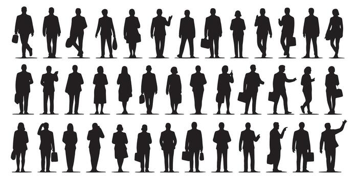 Diverse Group of Business Professionals Silhouettes Representing a Dynamic and Inclusive Workforce Engaged in Various Activities and Poses vector