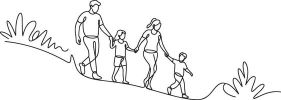 One Line Art of a Family Walking Together Down a Hill Hand in Hand Happy and Peaceful vector