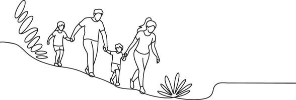 Family of Four in Continuous Line Art Style Walking Down a Hill Together Enjoying Nature vector