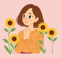 Girl surrounded by sunflowers vector