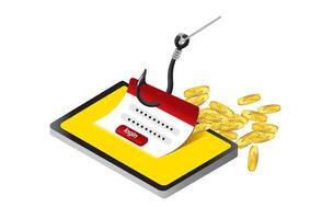 Illustration of a phishing scam on a tablet showing login form and falling coins, symbolizing online security threats and financial risks. Cybersecurity concept vector