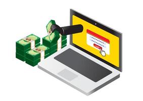 Illustration of a hacker retrieving cash from a computer screen while entering a login in a cyber theft scenario vector