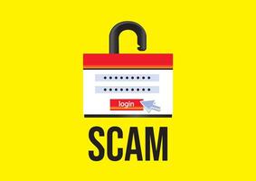 Illustration of an open padlock with login form and scam alert text on a bright yellow background, emphasizing online security risks. Cybersecurity concept vector