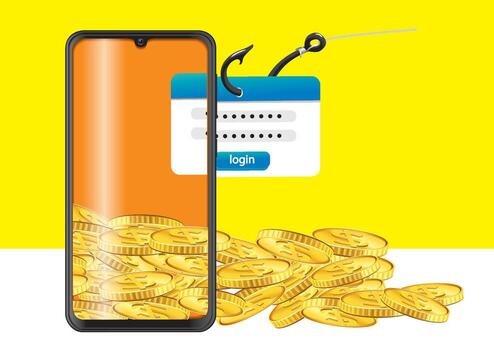 móvil teléfono mostrando un suplantación de identidad intento con iniciar sesión formar y oro monedas representando en línea fraude riesgos vector