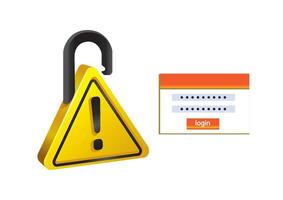 Illustration of an unlocked padlock next to a warning sign and login field, representing online security risks and vulnerabilities. Cybersecurity concept vector