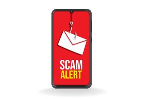 Smartphone screen showcasing a Scam Alert message with a fishing hook and envelope symbolizing phishing attempts in online security vector