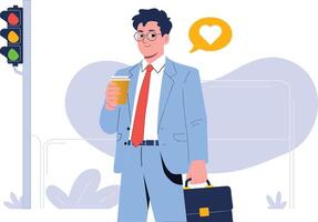 Man with coffee near traffic signal vector