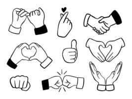 Hand Gesture Outline Icon Collection. A clean black and white collection of 9 hand gesture icons including pinky promise heart hand fist bump thumb up in outline style. Perfect for sticker branding UI vector