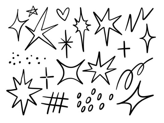 Hand Drawn Sparkle and Symbol Doodle. A collection of 19 expressive black line elements including sparkles stars scribbles crosses heart and accents in playful hand drawn doodle style for creative use